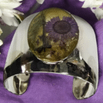 Rhodium Cuff Bracelet with Purple and Yellow Pressed Flower Centerpiece